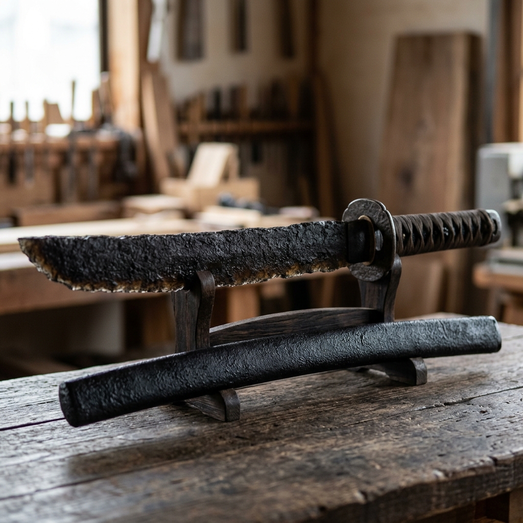 A samurai sword with a blade made of a matte, rough-textured, almost viscous material. Dark, with no metallic sheen. Slightly translucent.
